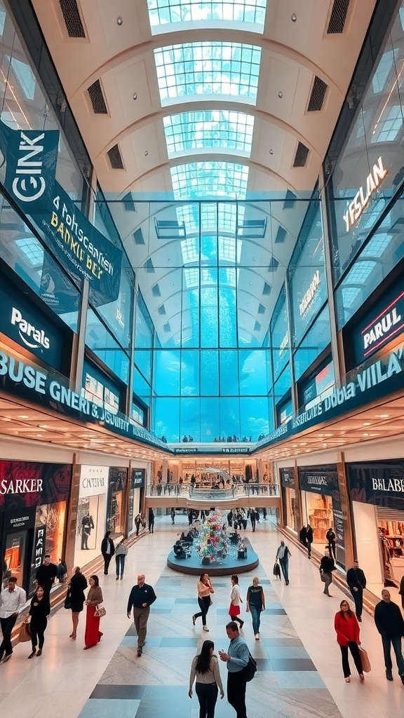 Interior view of The Dubai Mall showcasing shops and a bright skylight.