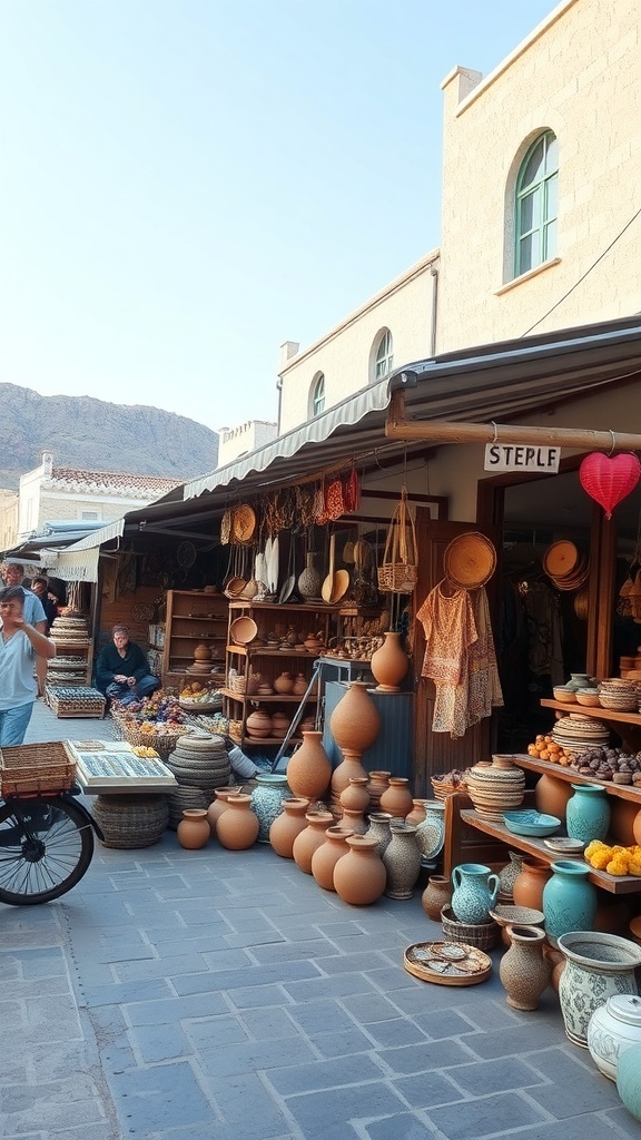 A vibrant market in Samos, Greece, showcasing local handicrafts including pottery and textiles.