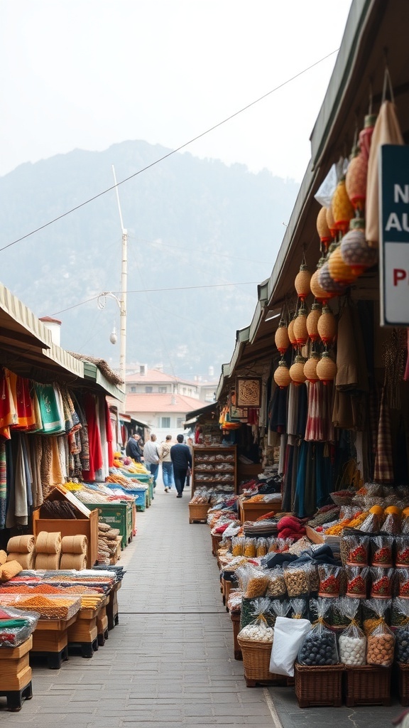 A vibrant market in Marmaris, Turkey, showcasing colorful textiles, spices, and souvenirs.