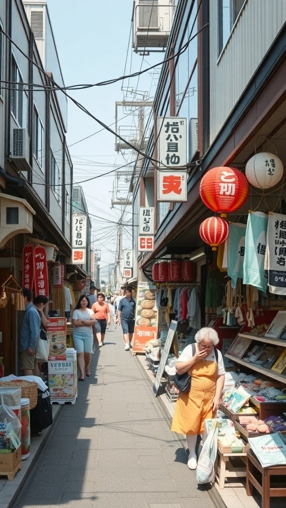 A bustling street in Japan with shops displaying colorful items and people shopping.