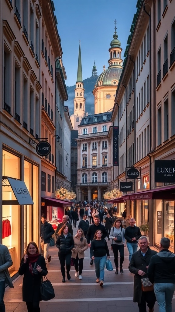 A busy shopping street in Zurich with people walking past luxury stores and historical buildings.
