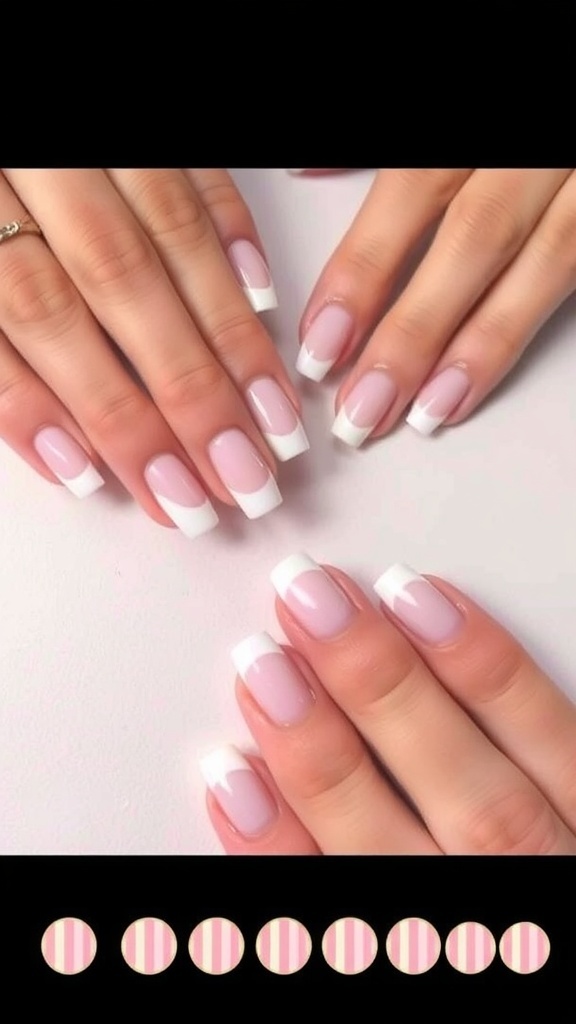 A hand with short white French nails surrounded by pastel-colored nail accessories.