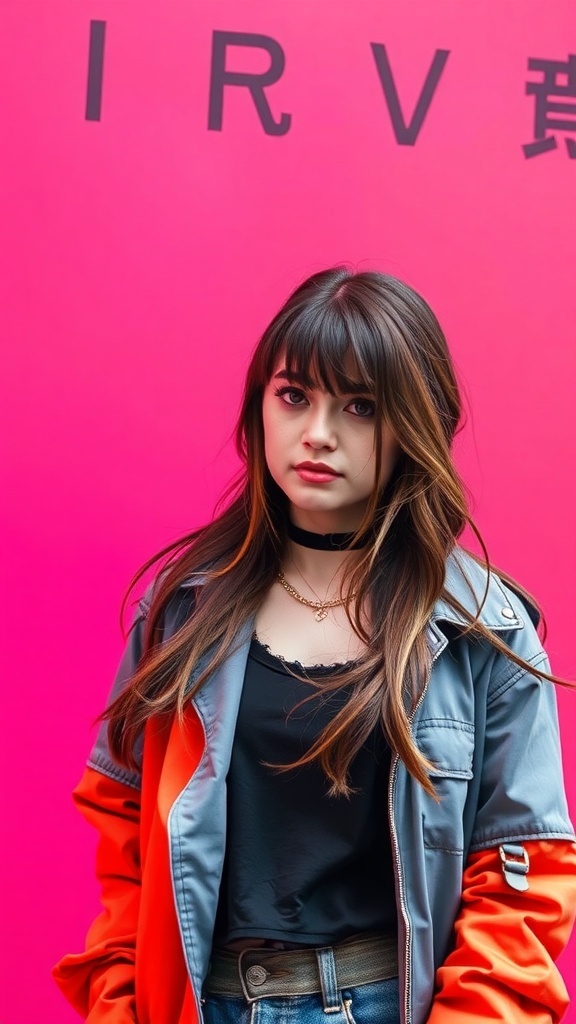 A young woman with side-swept bangs and long layers, standing against a pink background.