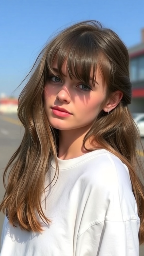 A young woman with long hair and side-swept bangs, wearing a white top, standing outdoors.
