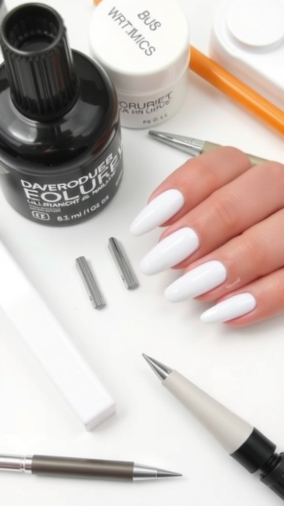 Interior of a modern nail salon with white chrome nail finishes