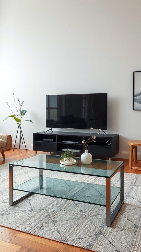 A modern living room featuring a sleek glass and metal TV table with a TV mounted on the wall.