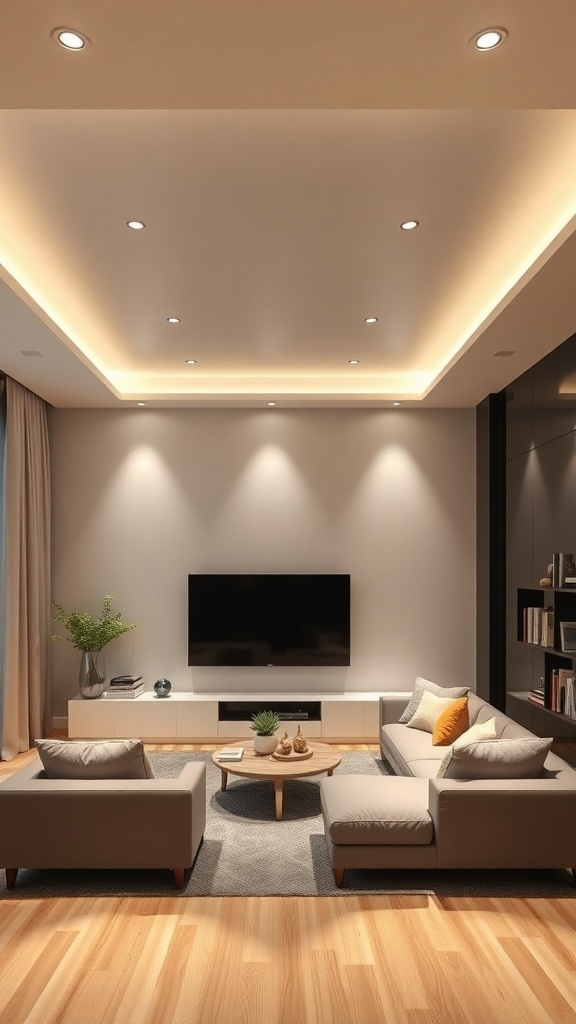 A modern living room with a sleek PVC ceiling design featuring recessed lighting and minimalist furniture.