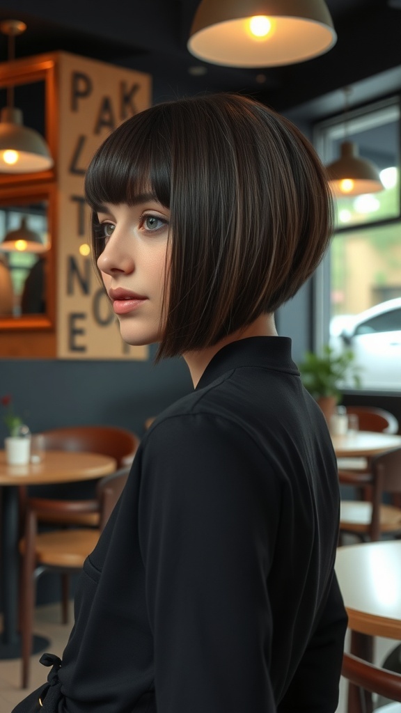 A woman with sleek straight bob hair and arched bangs, sitting in a stylish café.