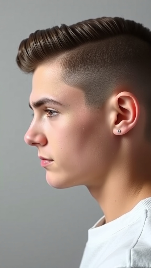 A young person with slicked-back hair, showcasing a modern tomboy hairstyle.