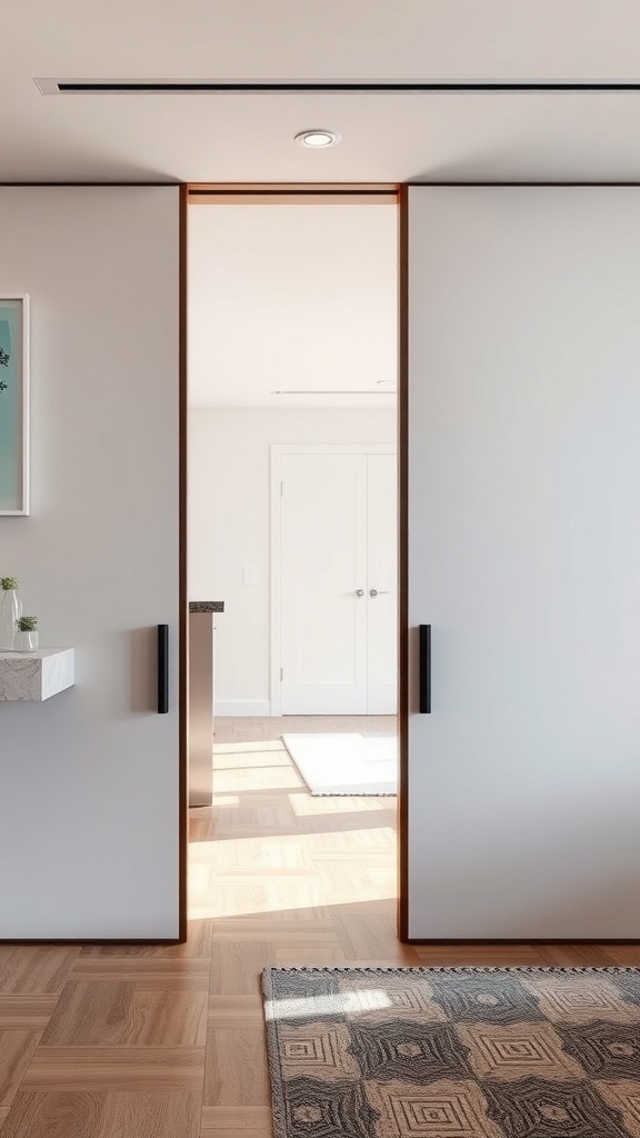 A modern interior featuring sliding doors that separate spaces with a clean and elegant design.