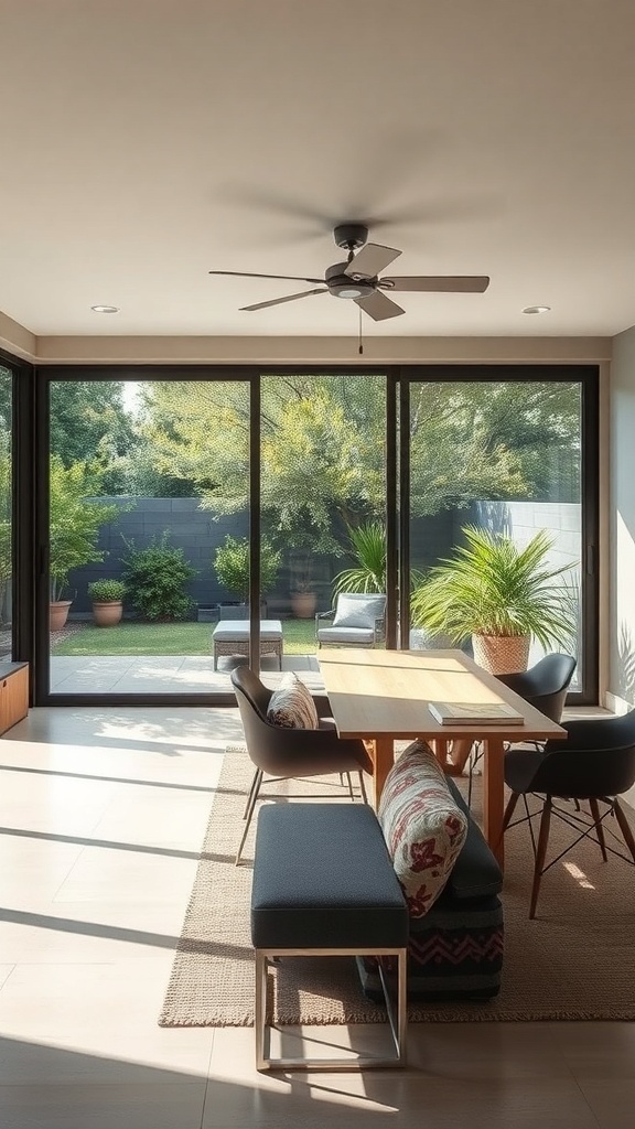 A bright dining area featuring sliding glass doors that open to an outdoor garden.
