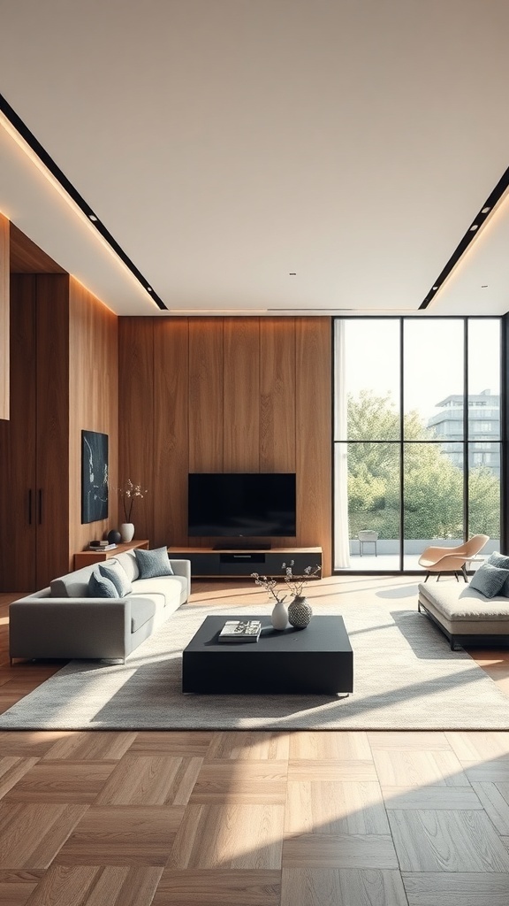 Modern living room with sliding panels and large windows