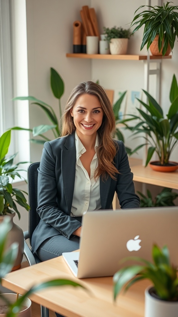 A woman in a brown suit and black top sitting in a modern office with plants and a laptop.