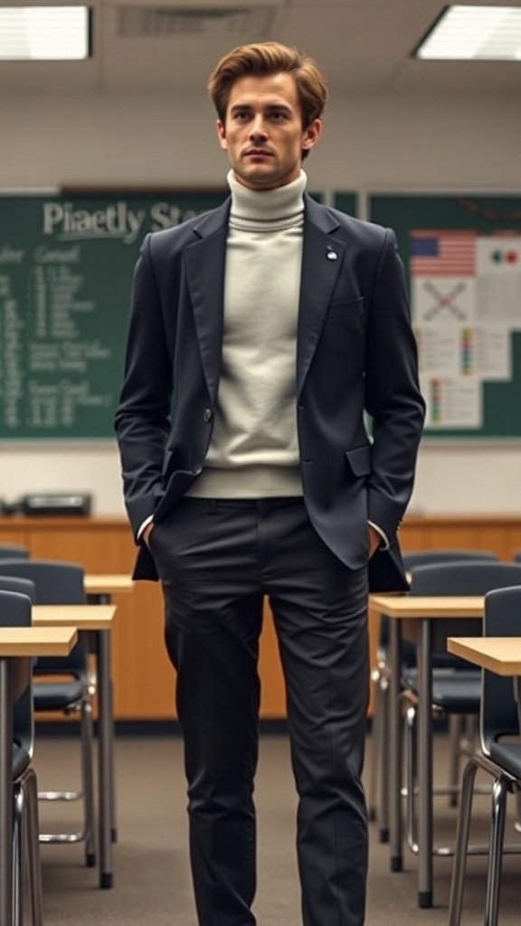 A stylish individual in a blazer and turtleneck, standing in a classroom setting.
