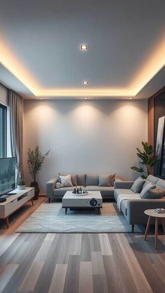 A modern living room with a projector, cozy seating, and smart lighting.