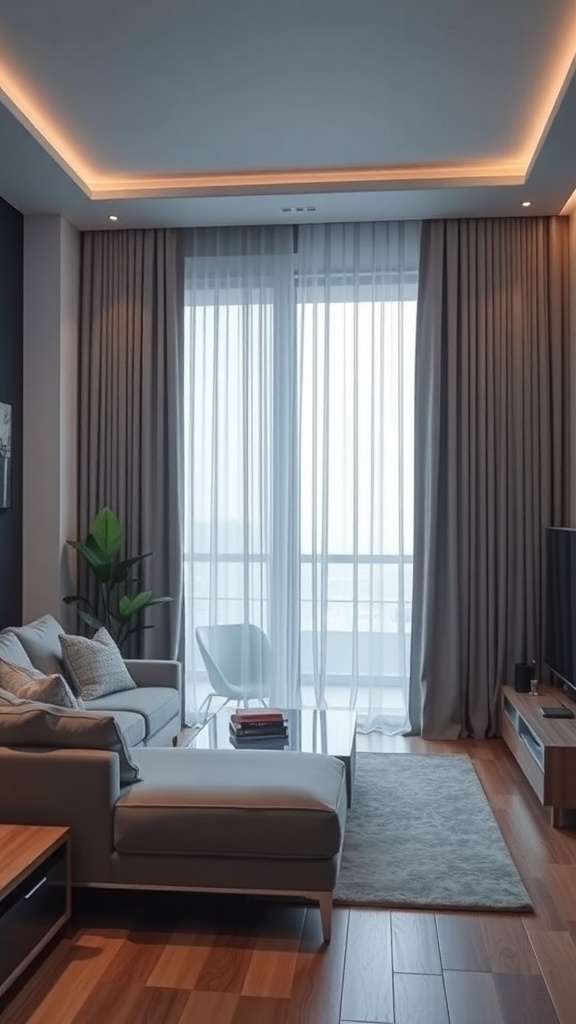 A modern living room featuring motorized curtains, a comfortable sofa, and a stylish decor.