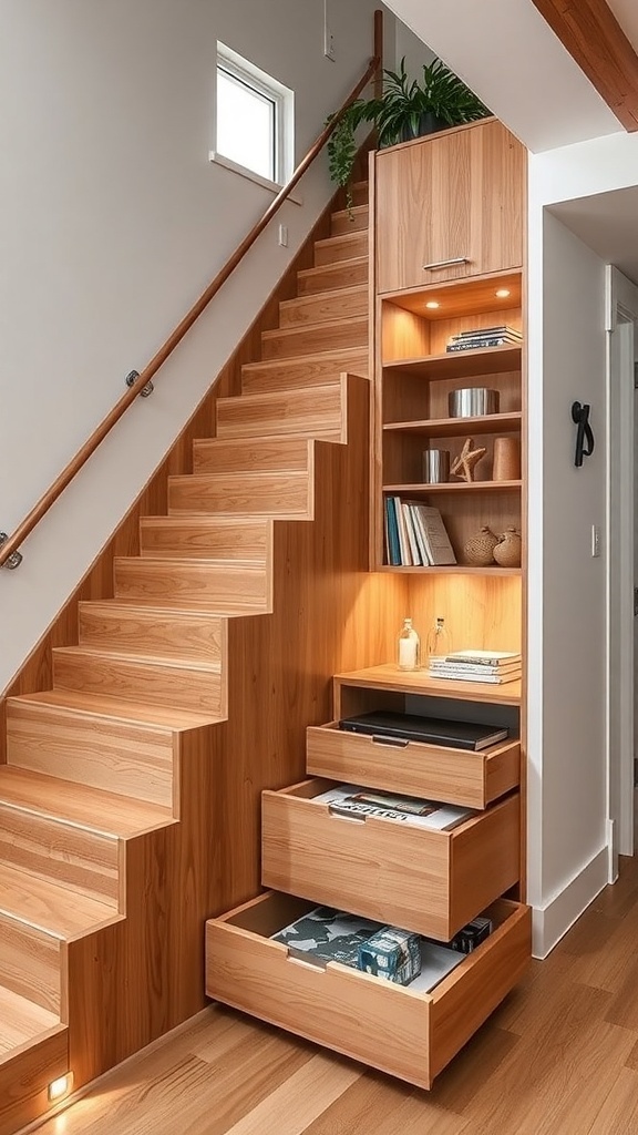 A modern staircase with built-in storage solutions, featuring shelves and drawers, in a small loft apartment.
