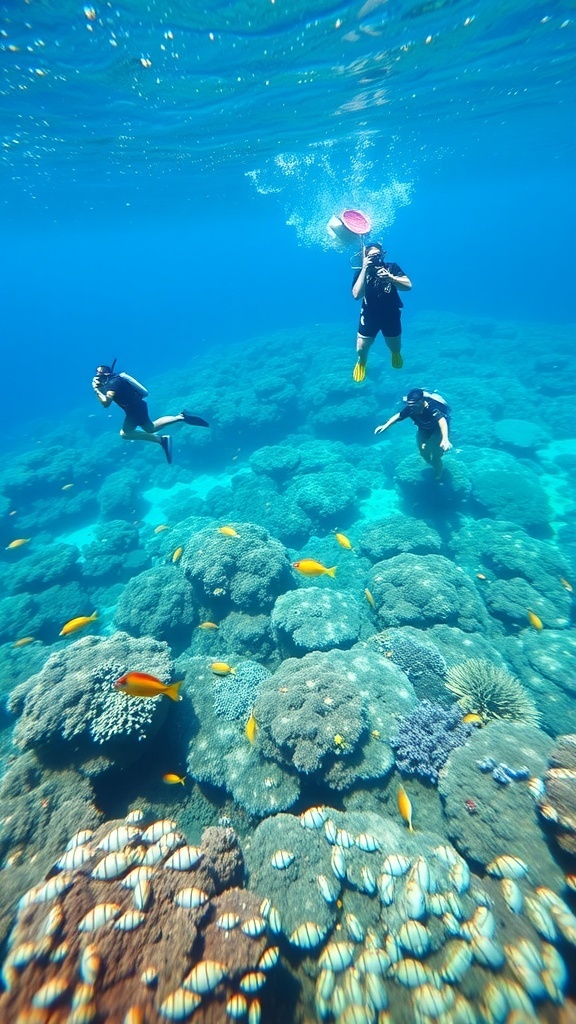 Snorkelers exploring the coral reefs at Hanauma Bay in Oahu, Hawaii