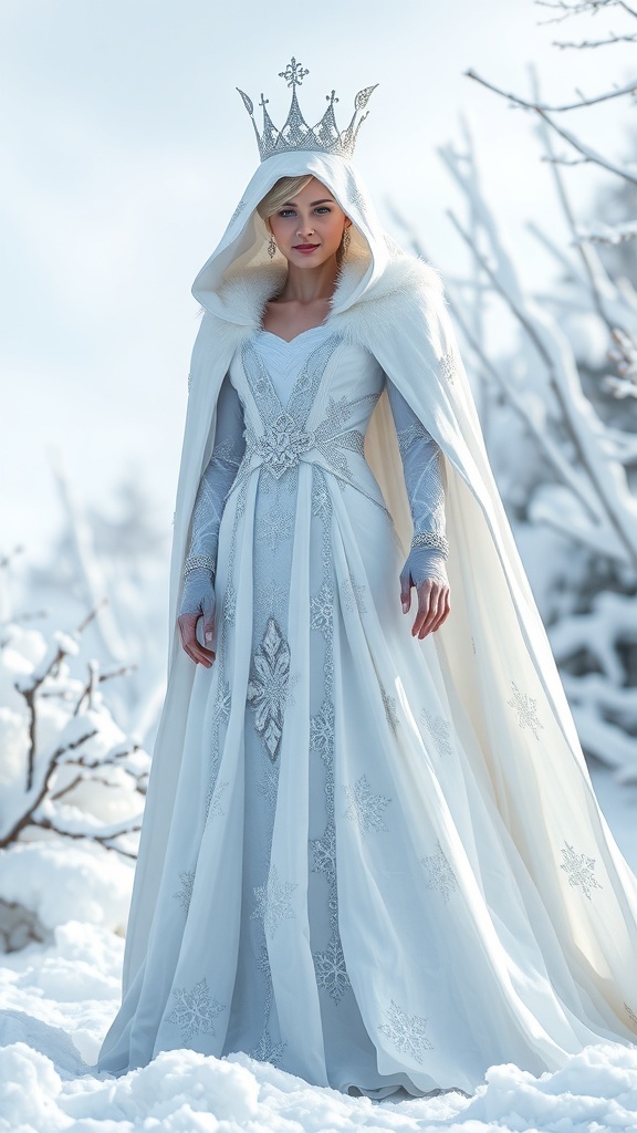 A woman dressed as a Snow Queen in a white gown and crown, standing in a snowy landscape.