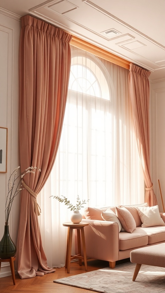 Soft blush velvet drapes framing a large window in a cozy living room setting.
