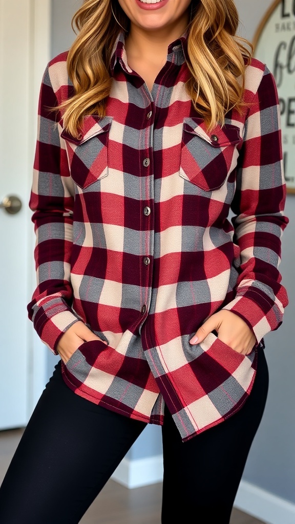 A woman wearing a soft flannel shirt and leggings, standing in a cozy living room.