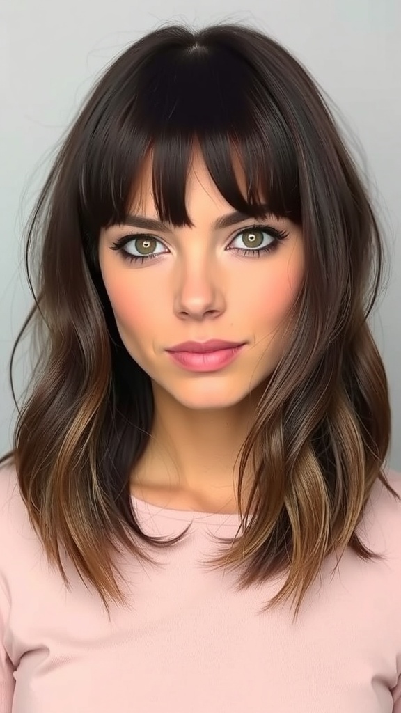A person with shoulder-length hair and a soft fringe, showcasing a stylish and elegant haircut.