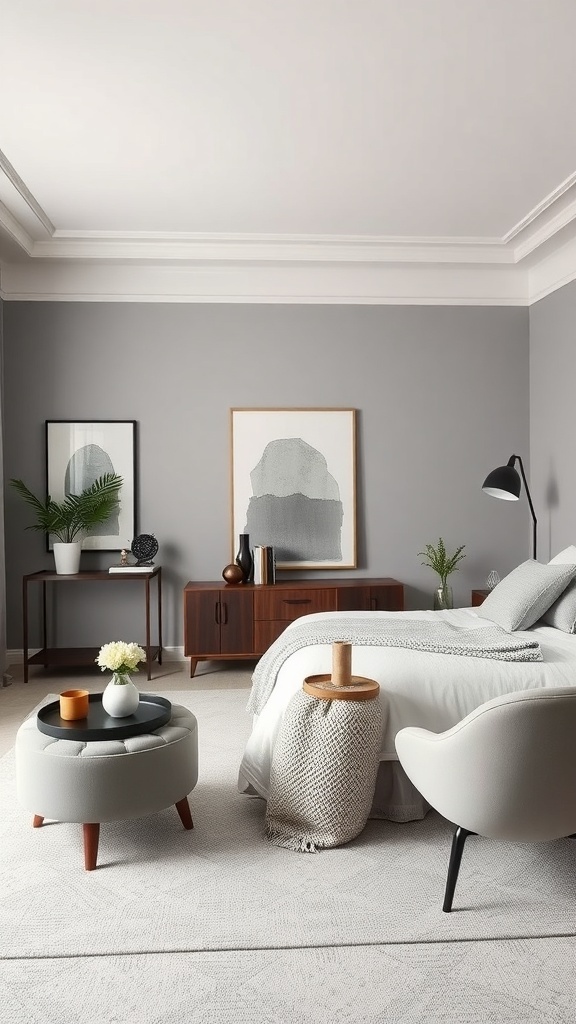 A modern bedroom featuring soft gray walls, wooden furniture, and stylish decor.