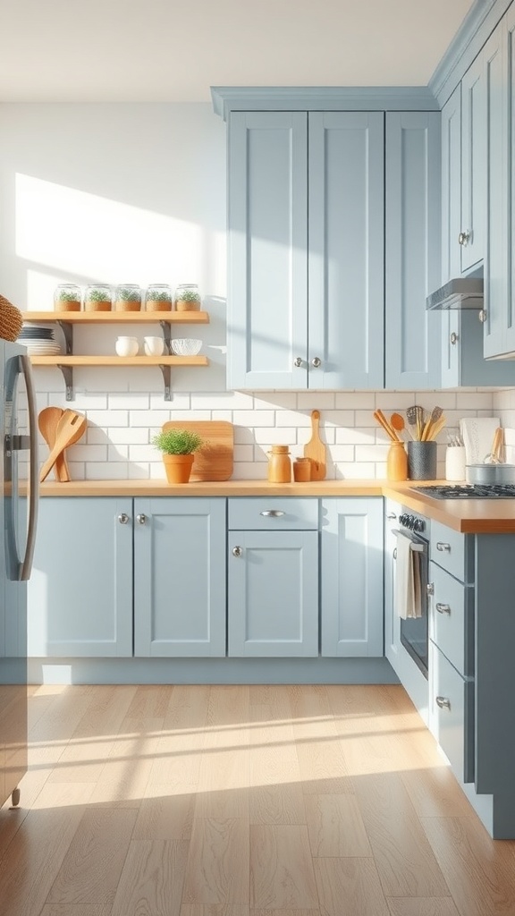 A bright kitchen featuring soft pastel blue cabinets, wooden shelves, and natural light.