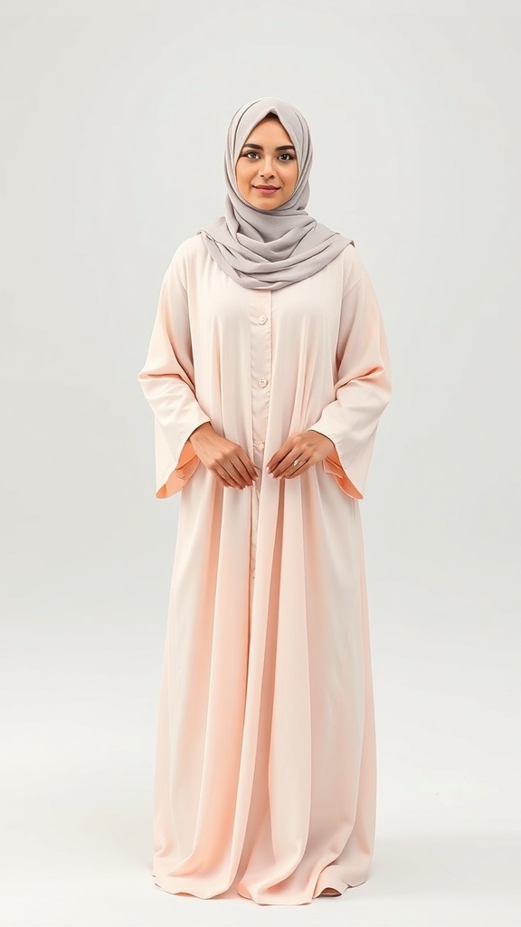 A soft pastel pink abaya with a hood, hanging on a wooden hanger.