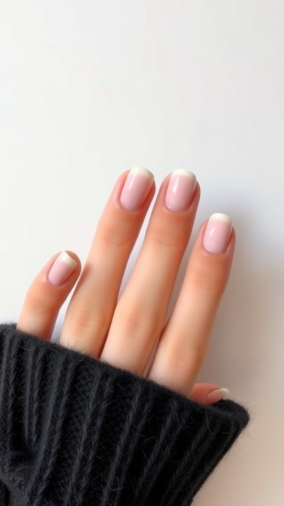 A hand showing soft pastel ombre nails with a light pink base and white tips, resting on a black knitted sweater.