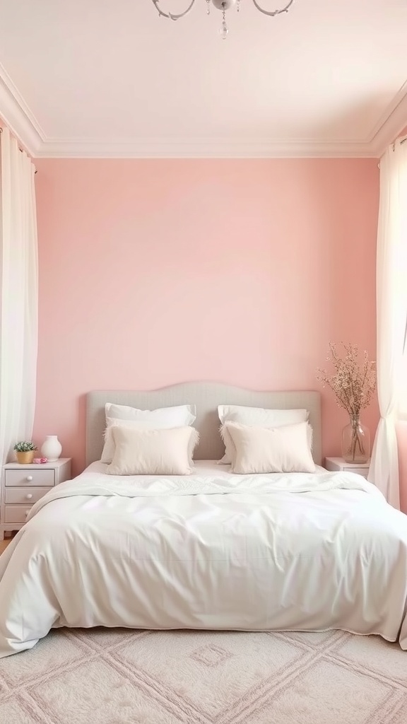 A cozy bedroom with soft pink walls, neutral bedding, and light curtains.