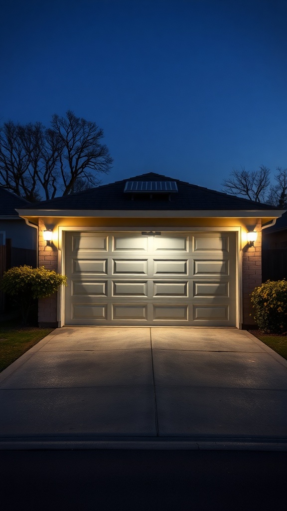 A garage with solar-powered outdoor lighting, illuminated at night with soft lights on either side of the door.