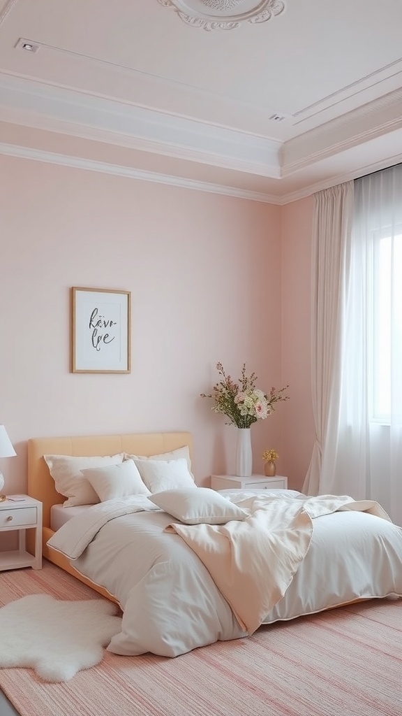 A serene bedroom featuring pastel pink walls, a cozy bed with white and peach bedding, and natural light filtering through sheer curtains.