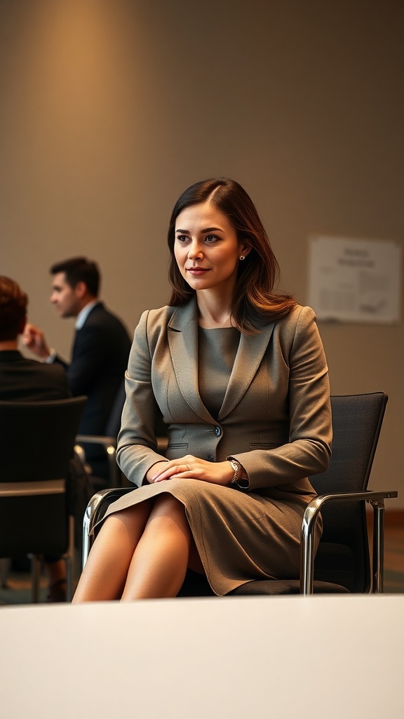 A woman in a tailored gray dress sitting in a business meeting, exuding confidence and professionalism.