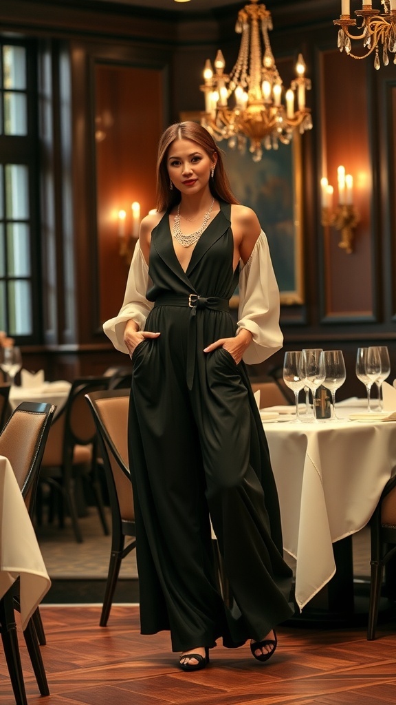 A woman in a sophisticated black jumpsuit with contrasting sleeves, standing in an elegant dining setting.