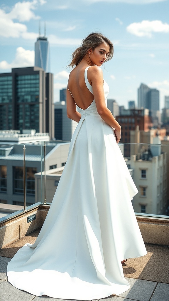 A bride wearing a sophisticated high-low wedding dress with a backless design, standing on a rooftop with a city skyline in the background.