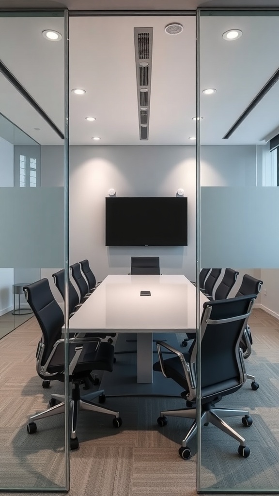 A modern conference room with soundproof glass partitions, featuring a large table and ergonomic chairs.