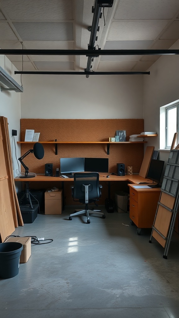 A garage office setup with a desk, dual monitors, and soundproofing elements.