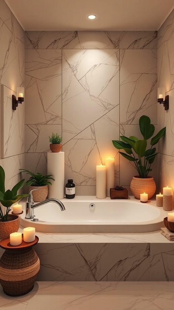 A serene master bath with a white tub surrounded by candles and plants, featuring marble walls.