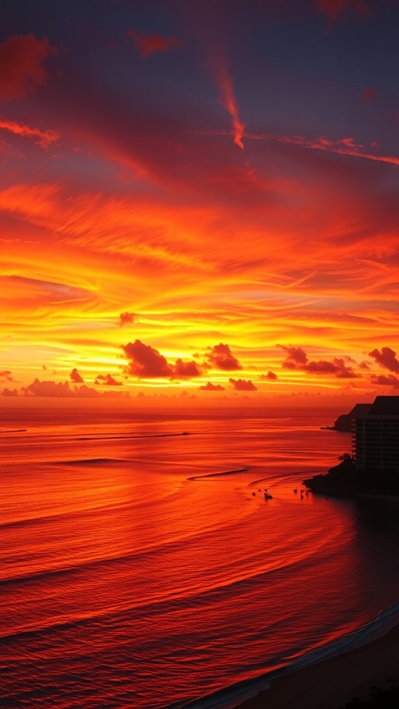 A vibrant sunset over Waikiki beach with orange and purple skies reflecting on the water.