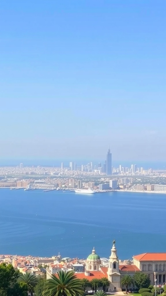 A panoramic view of Barcelona from Montjuïc, featuring the sea, city skyline, and palm trees.