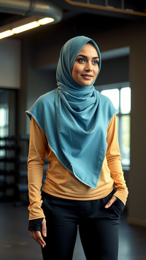 A woman wearing a sporty outfit with a hijab in a gym setting.