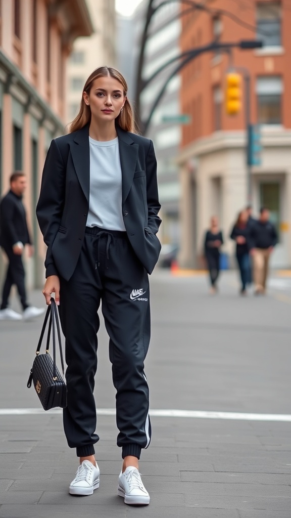 A woman wearing a black blazer with joggers and white sneakers, walking on a city street.