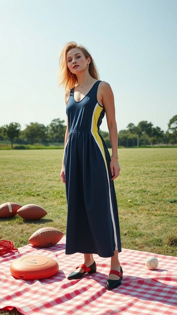 A sporty midi dress in navy and yellow, worn by a model standing on a picnic blanket surrounded by sports equipment.