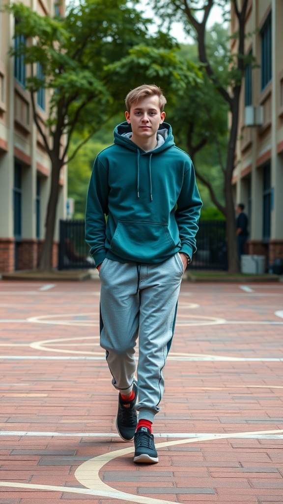 A young person walking in a hoodie and joggers, showcasing a sporty school outfit.