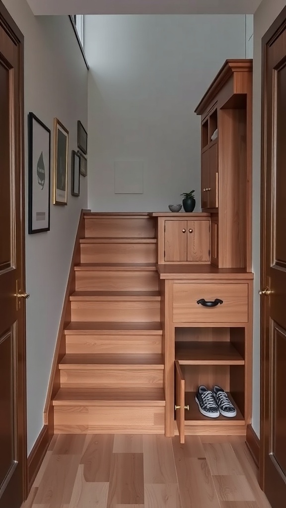 A wooden staircase with built-in storage solutions, featuring drawers and an open shelf.