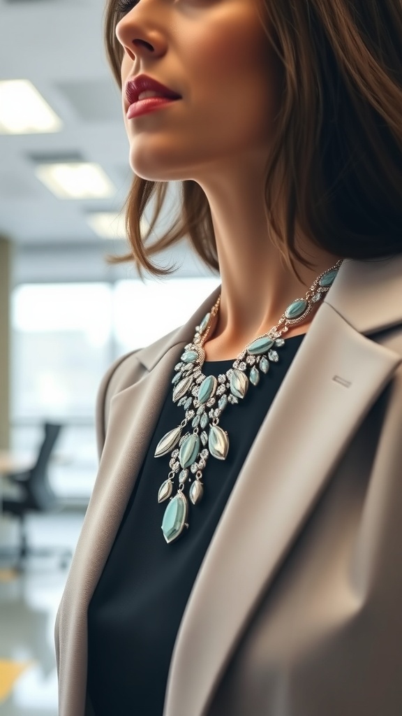 A woman wearing a stylish blazer and a statement necklace in a professional setting.