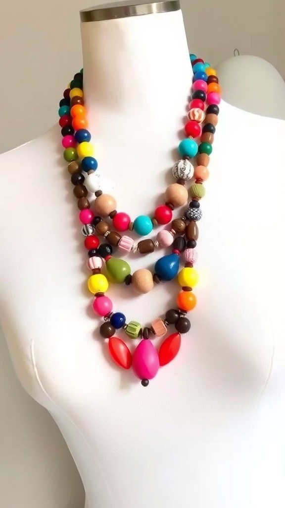 Colorful statement beaded necklace displayed on a mannequin