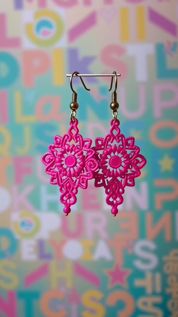 Vibrant pink statement earrings with intricate design against a colorful background.