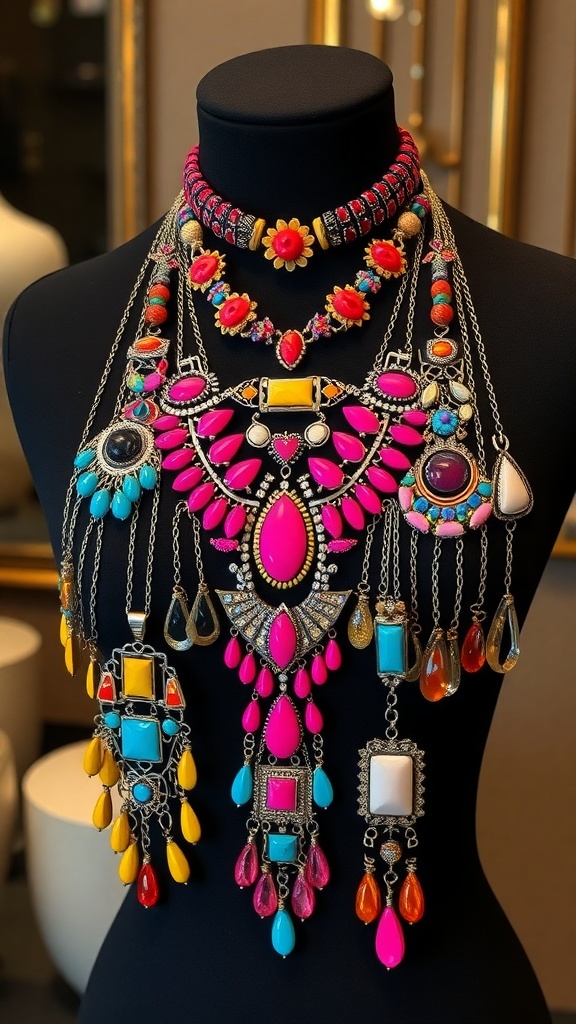 A collection of colorful statement necklaces displayed on a mannequin, featuring bold pinks, blues, and yellows.